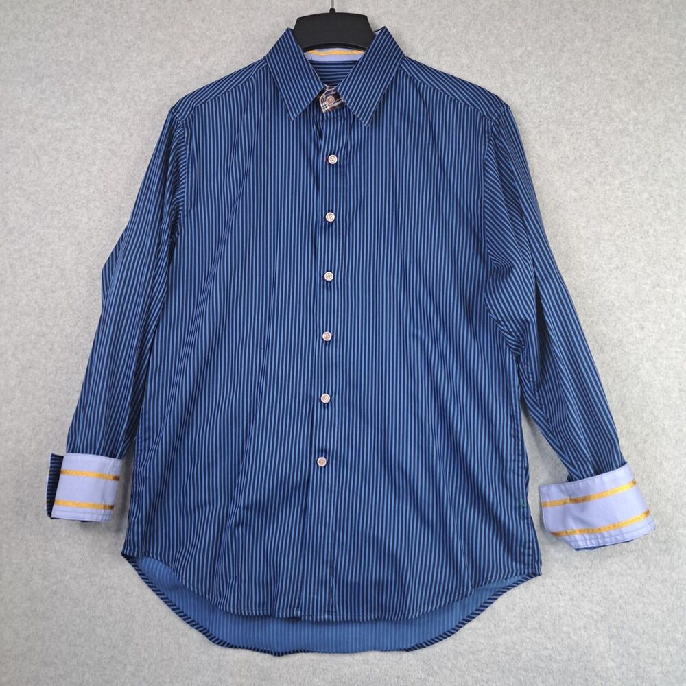 Robert Graham Mens Medium Shirt Blue Striped Flip Cuff Luxury Career Contrast